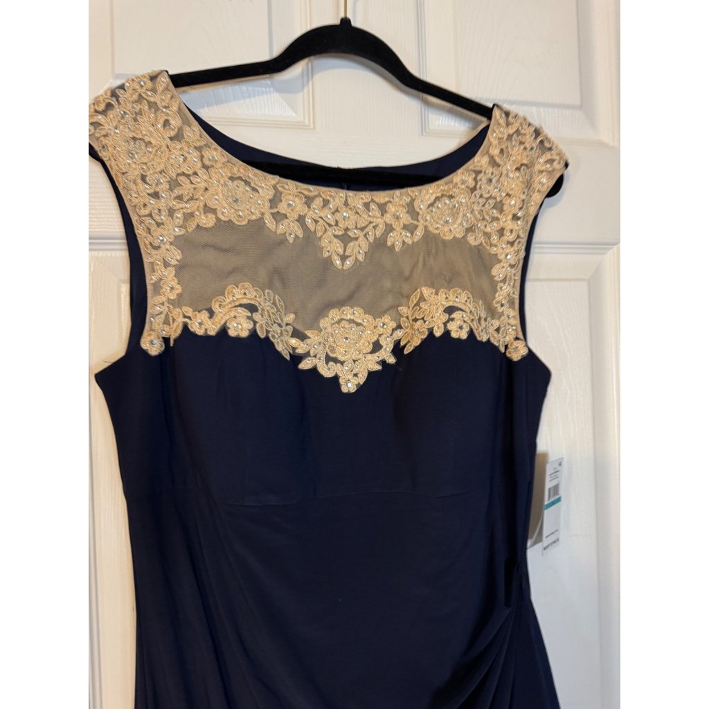 Alex Evenings Dress Navy Blue Gold 8 Long Ruffle Wedding Cruise Formal New — image 8 of 8